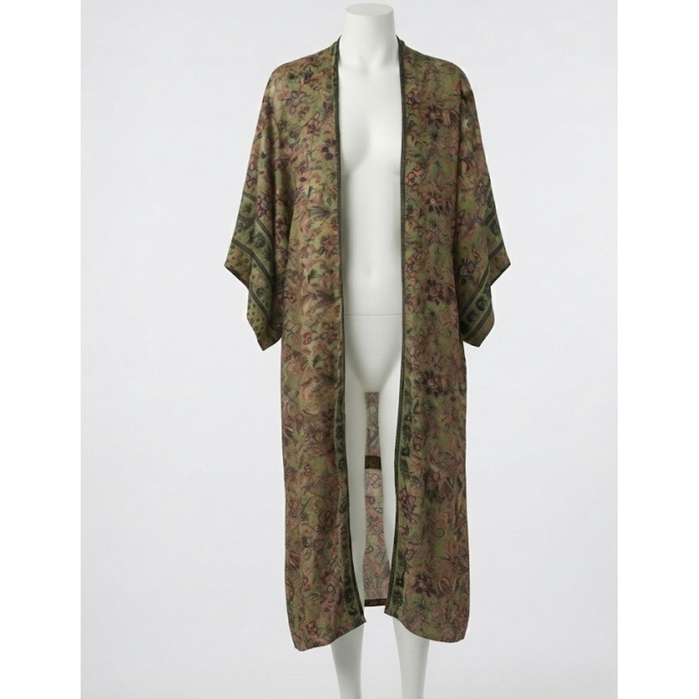 Paths of the Spirit 100% Silk Kimono Robe M/L Green Floral Boho Paisley Duster